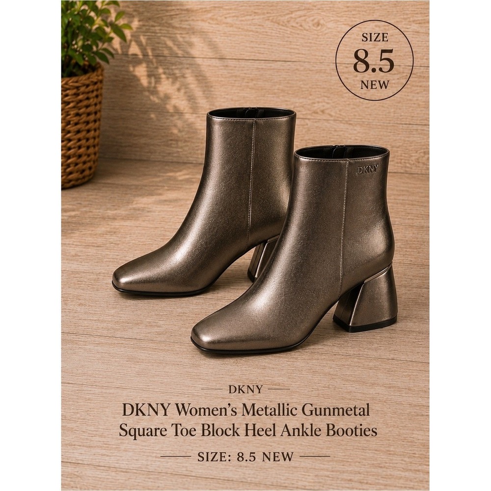 DKNY Womens Metallic Gunmetal Square Toe Ankle Booties Side Zip 8.5 NEW